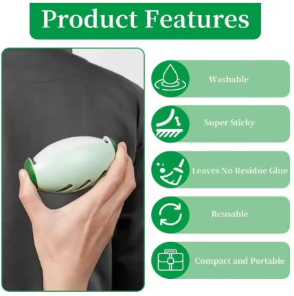 Product features displayed with a hand holding a Portable Pet Hair Roller against a dark background