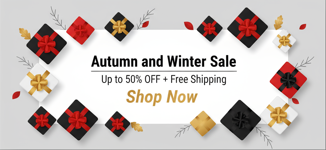 Promotional banner for autumn and winter sale with decorative elements on a gray background