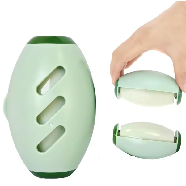 Green and white Portable Pet Hair Roller with a hand holding one of its parts on a white background