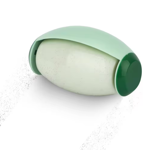 Green Portable Pet Hair Roller with a green container on a white background