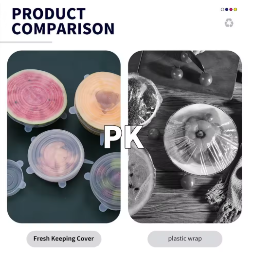 Product comparison between fresh keeping cover and plastic wrap with images of watermelon and a mushroom.